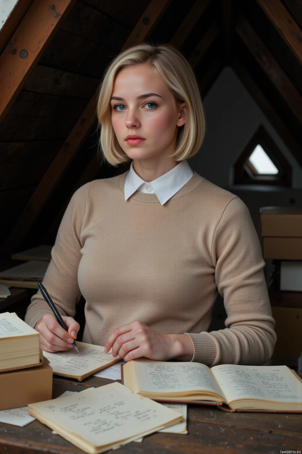 Человек в бежевом свитере сидит за столом, заваленным книгами и бумагами, держа в руке ручку.