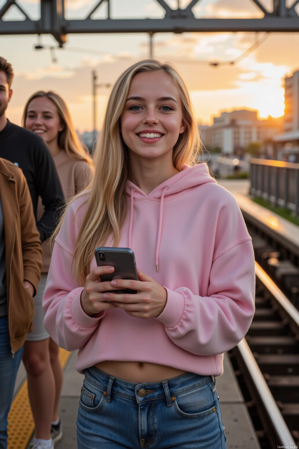 Молодая женщина в розовом худи и джинсах стоит на платформе, держа в руках телефон, на заднем плане видны еще двое человек.
