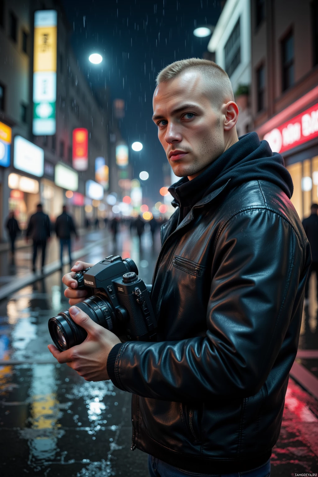 Мужчина в кожаной куртке держит фотоаппарат на ночной улице, залитой дождем.