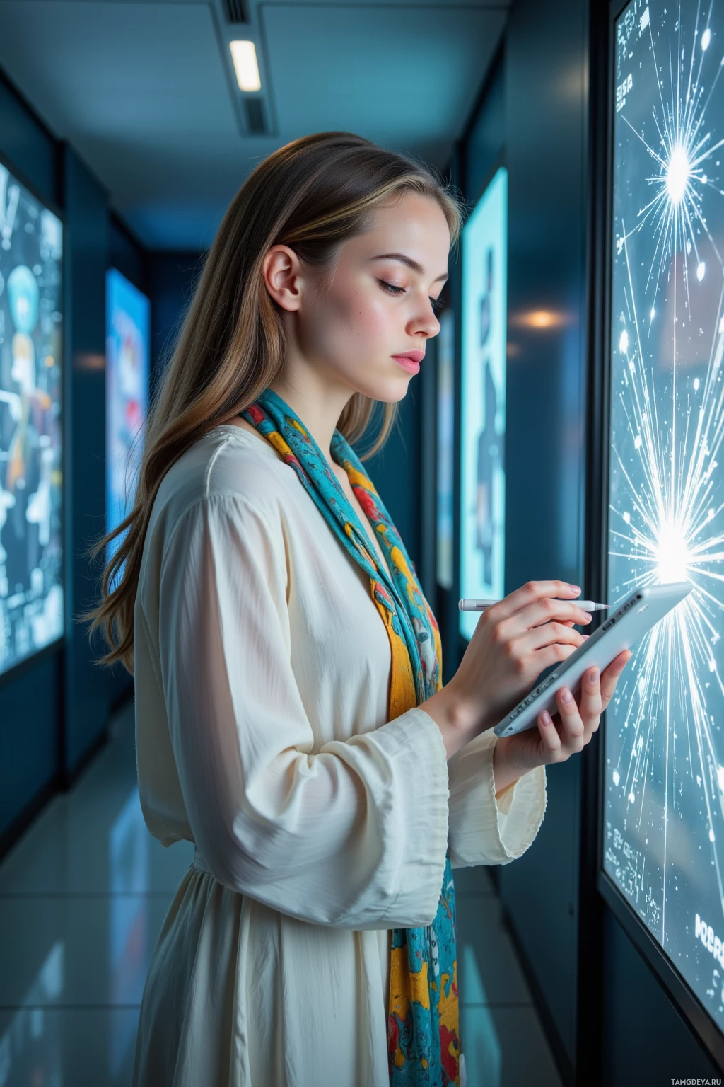 Женщина в белой блузке и ярком шарфе работает на планшете в современном, технологичном интерьере.