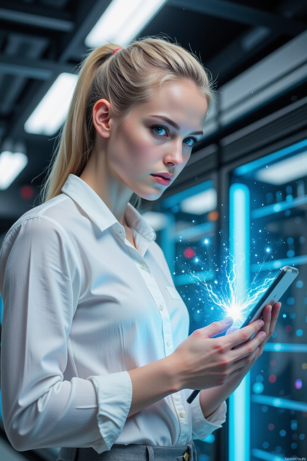 Женщина в белой рубашке держит светящийся смартфон на фоне футуристического пейзажа.