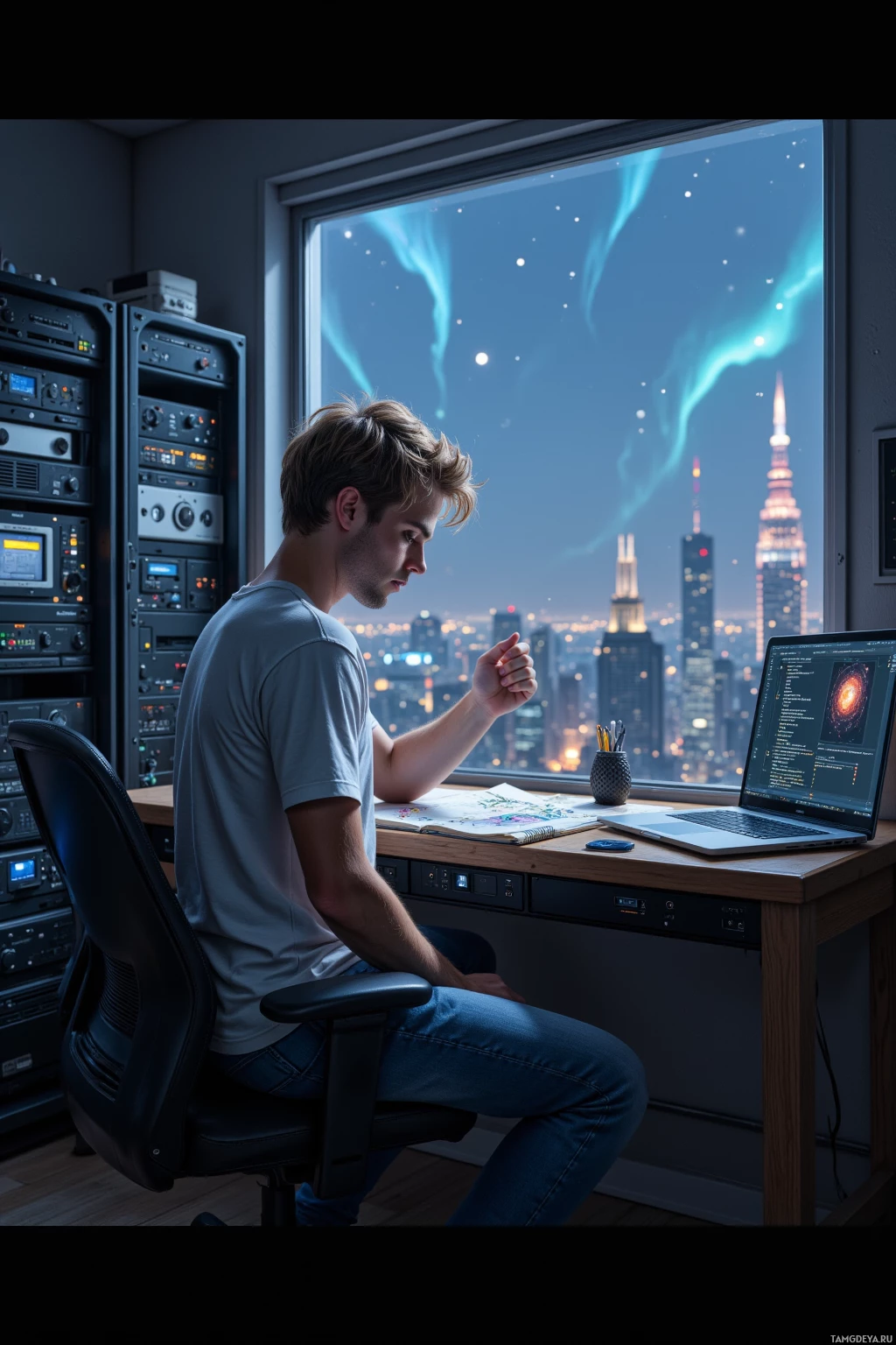 Человек сидит за столом в комнате с видом на город и работает на ноутбуке.