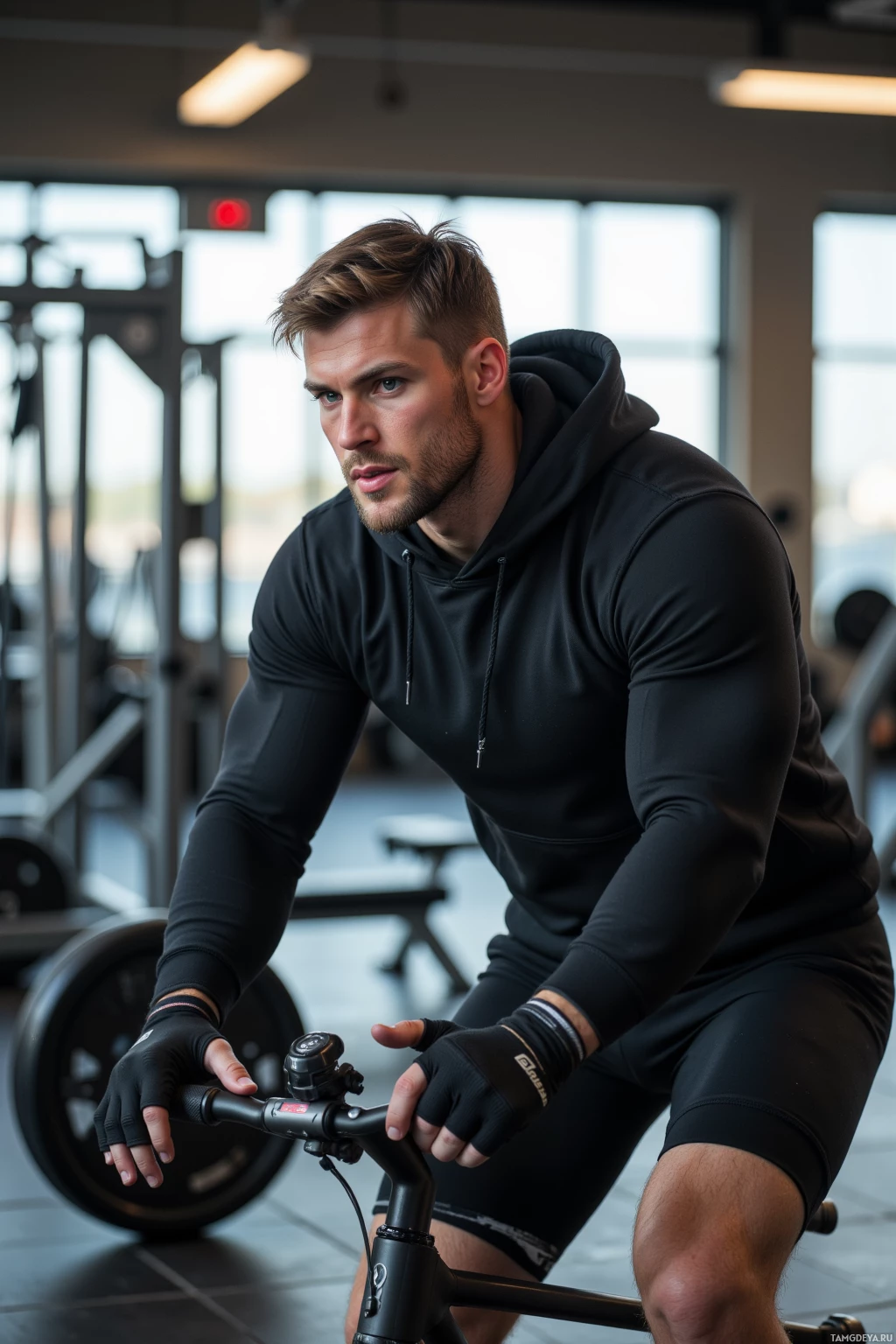 Мужчина в спортзале едет на велотренажере.