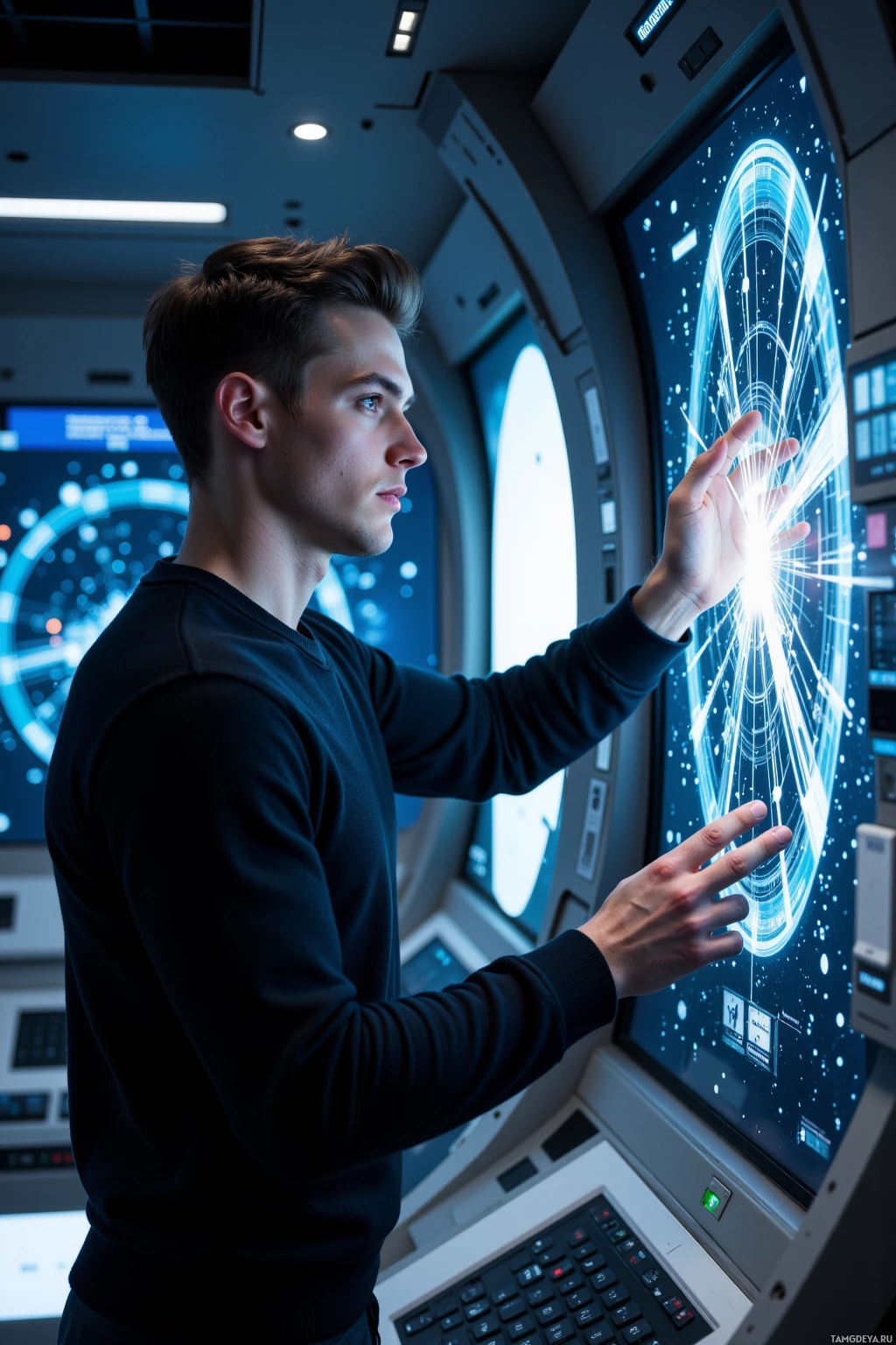 Человек взаимодействует с футуристическим сенсорным экраном в высокотехнологичной среде.