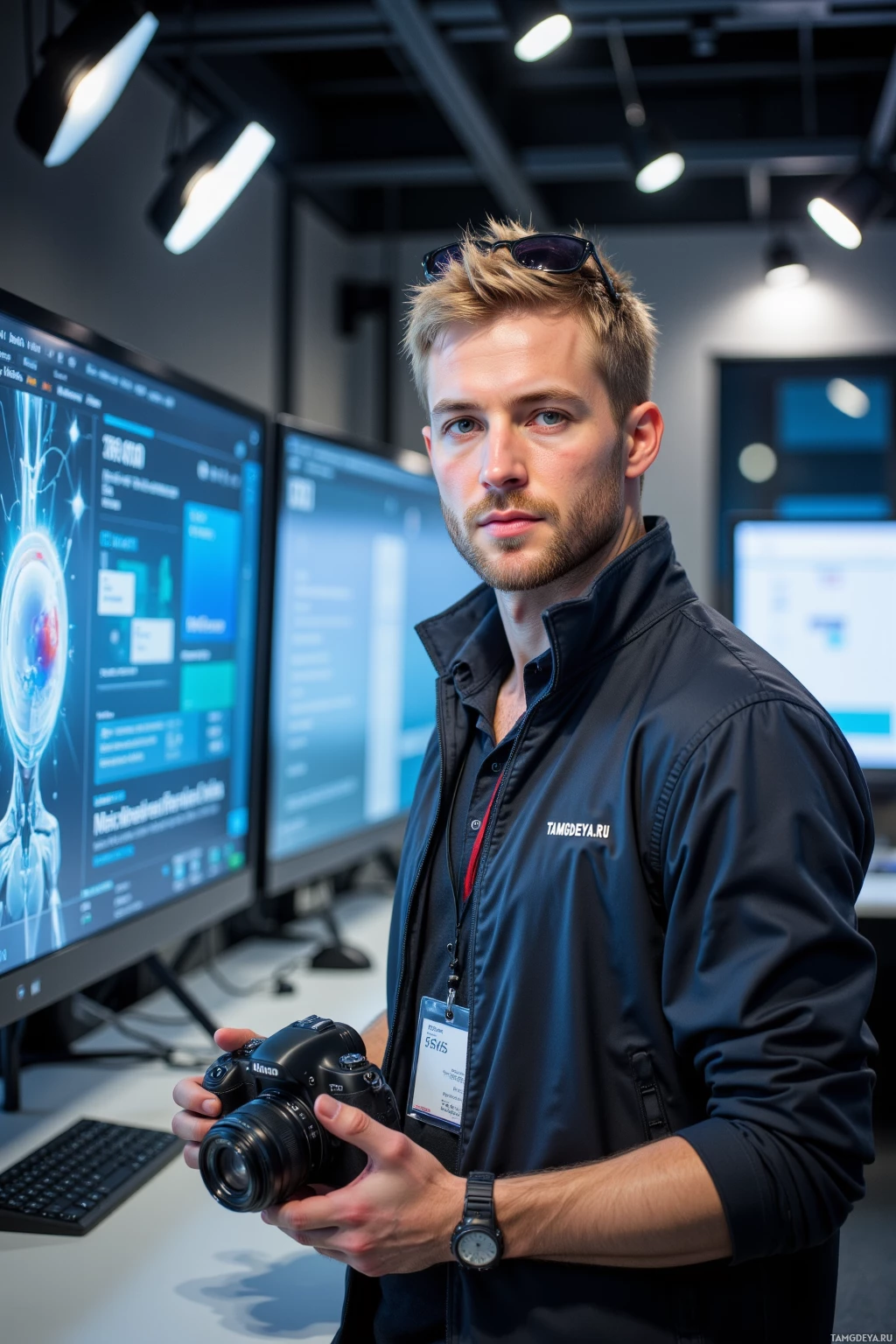 Человек в черной куртке держит камеру в современном офисе с несколькими мониторами.