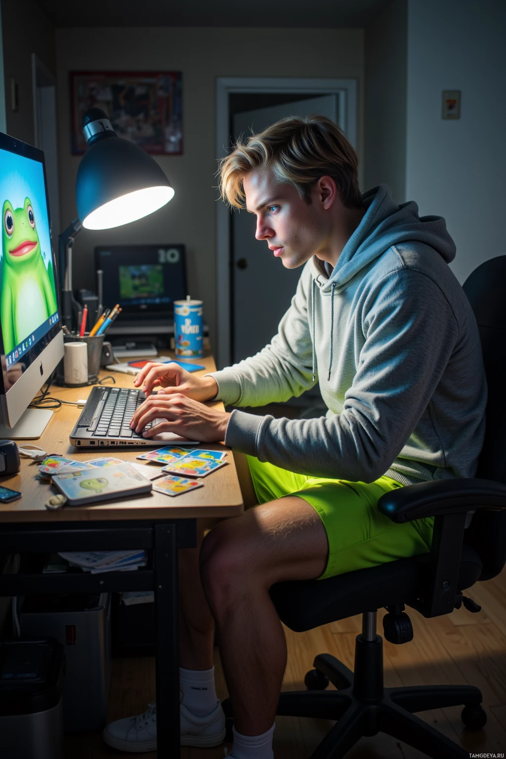 Человек сидит за столом и работает за компьютером.