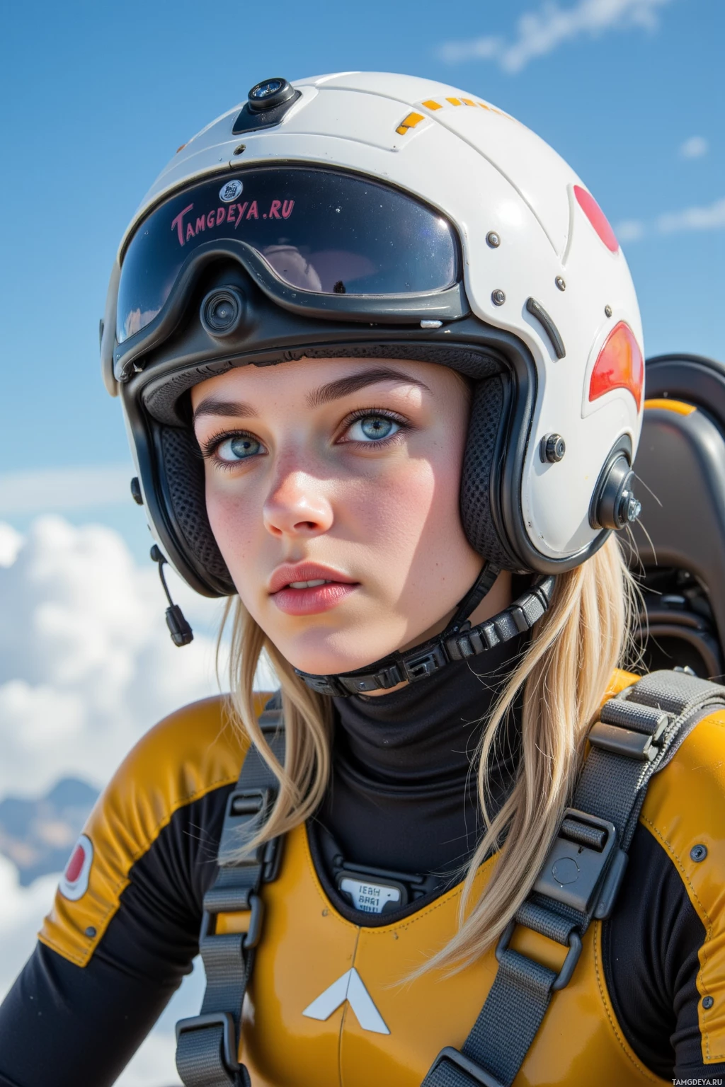 Человек в белом шлеме и желто-черной экипировке на фоне неба.