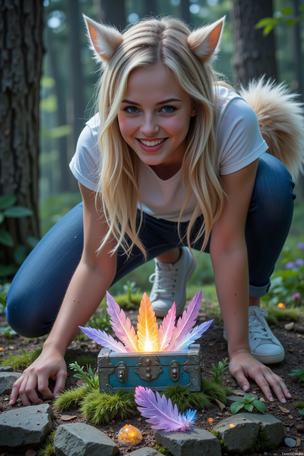 Человек с кошачьими ушками и пушистым хвостом присел рядом со светящимся сундуком на опушке леса.