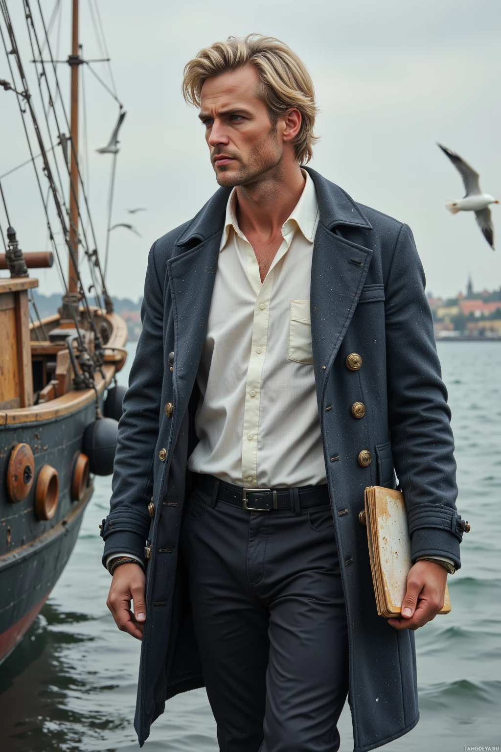 Мужчина в темно-синем пальто и белой рубашке стоит рядом с кораблем, держа в руках книгу, на заднем плане – летит чайка.