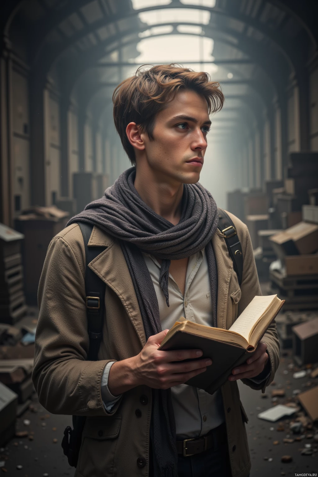 Молодой человек в плаще и шарфе держит раскрытую книгу, стоя в полумрачном коридоре, заваленном обломками.