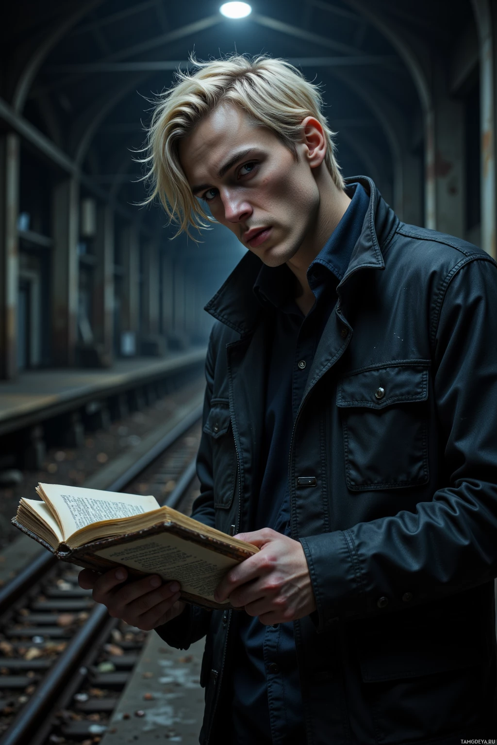 Человек стоит на платформе вокзала и читает книгу в полумраке.