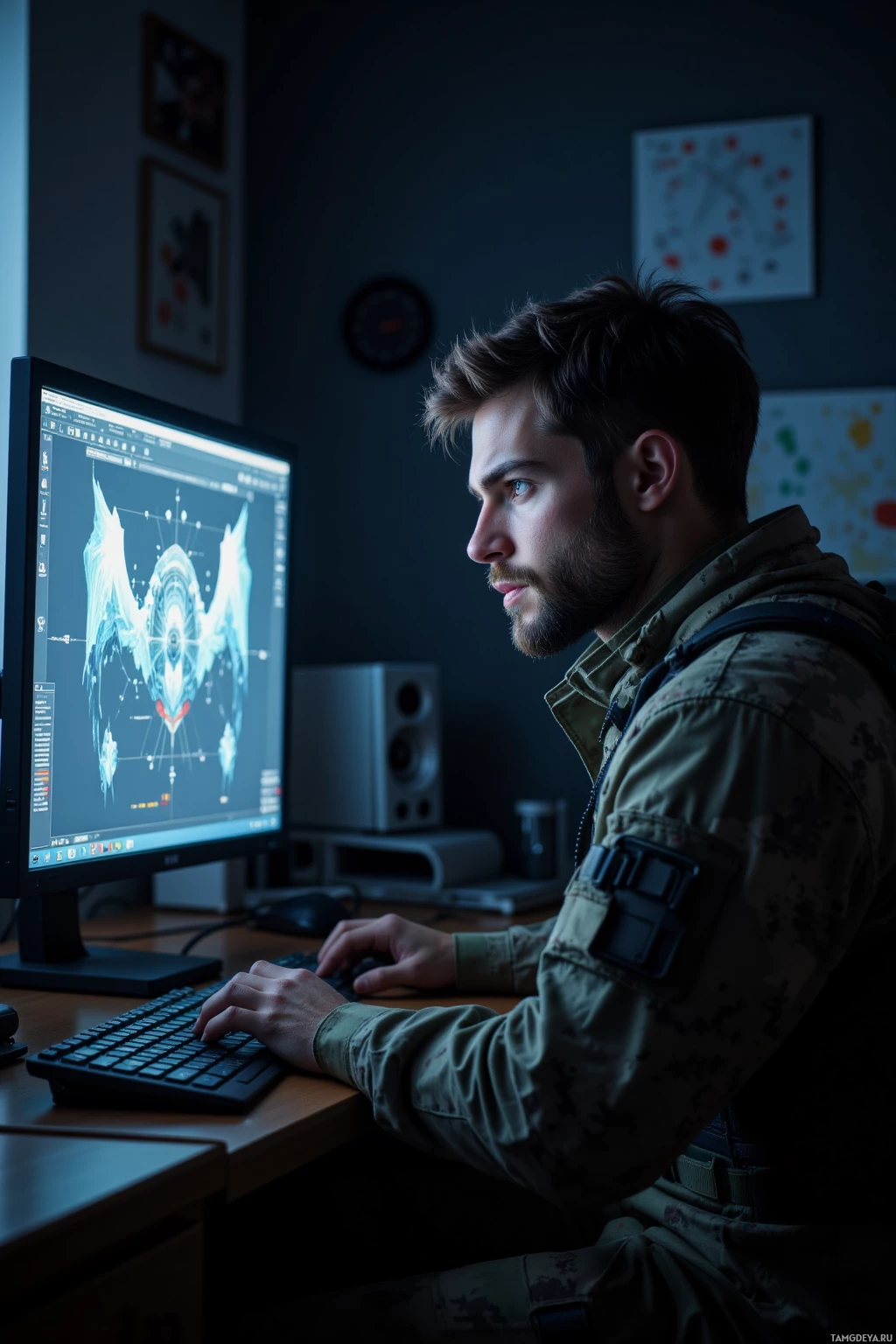 В полумраке комнаты человек в военной форме работает за компьютером.