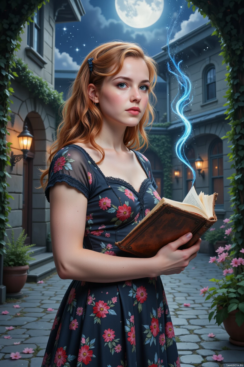 Женщина в цветочном платье держит раскрытую книгу на фоне ночного неба с полной луной.