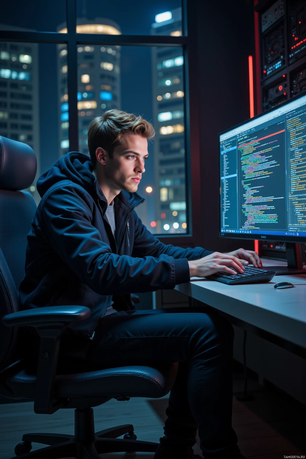 Человек работает за столом в полумраке комнаты, из окна открывается вид на город, печатает на клавиатуре.