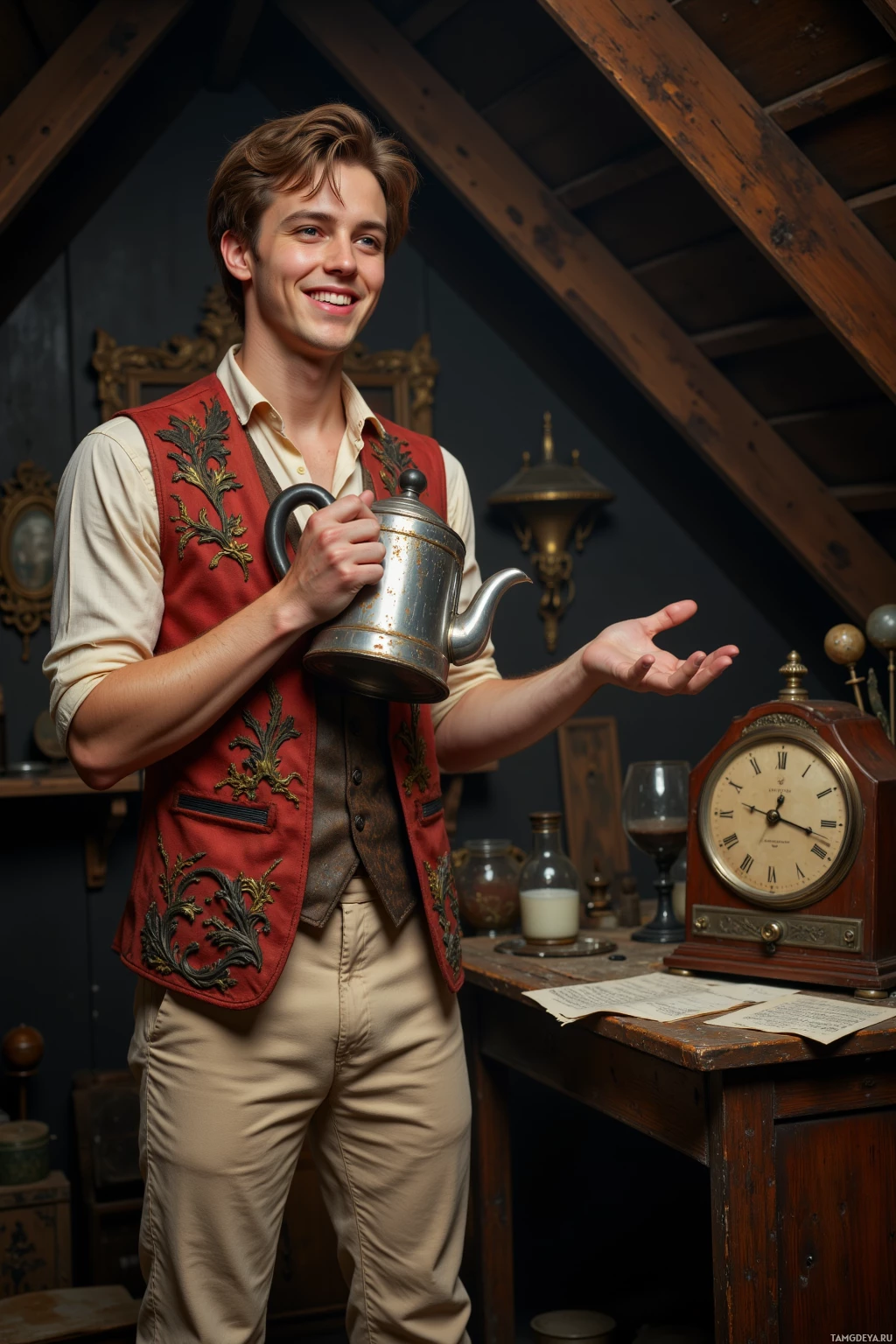 В комнате с антикварным интерьером человек в винтажной одежде держит чайник.