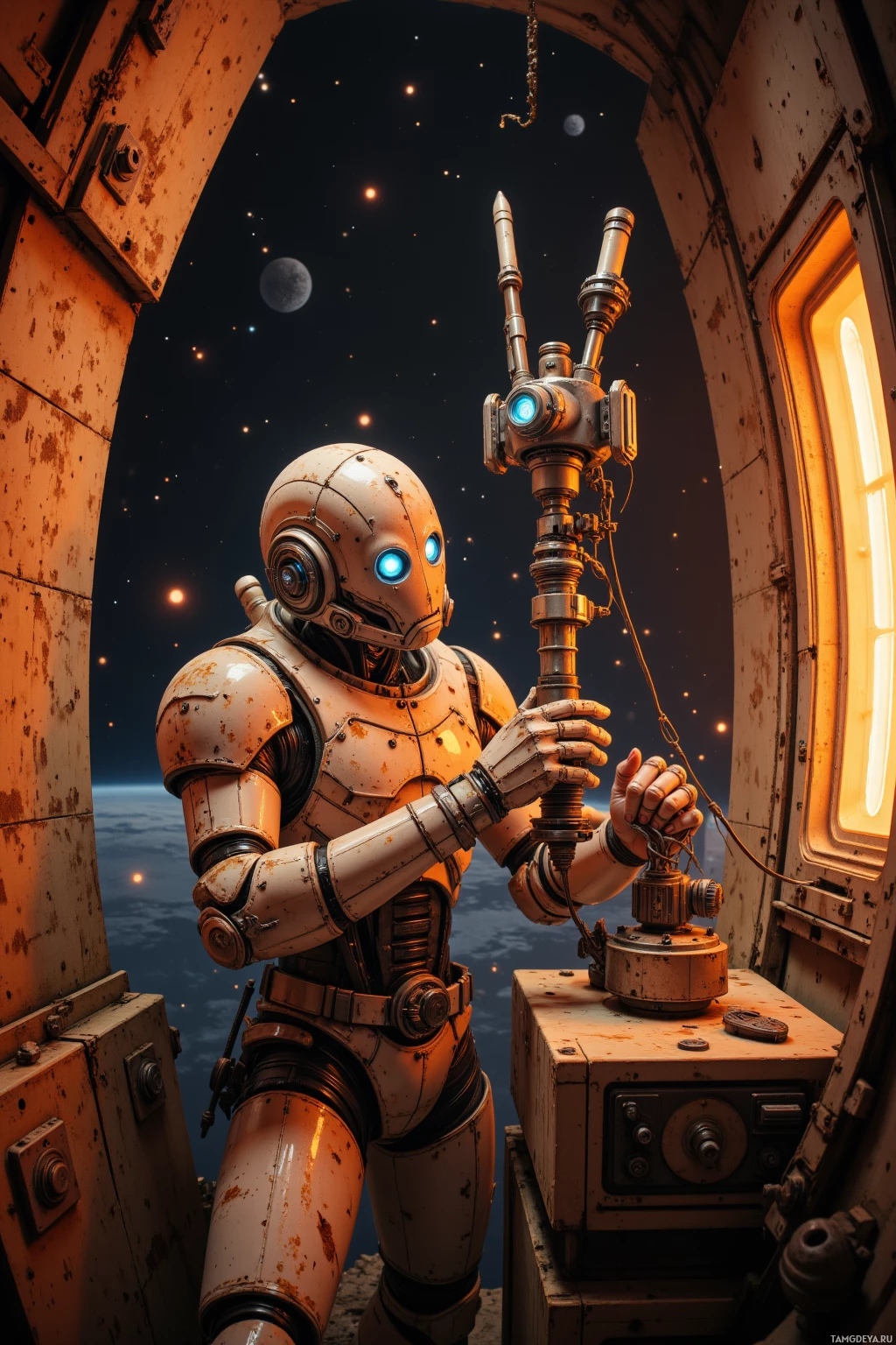 Внутри космического корабля стоит робот в скафандре, держа в руках устройство со светящимися синими огнями.