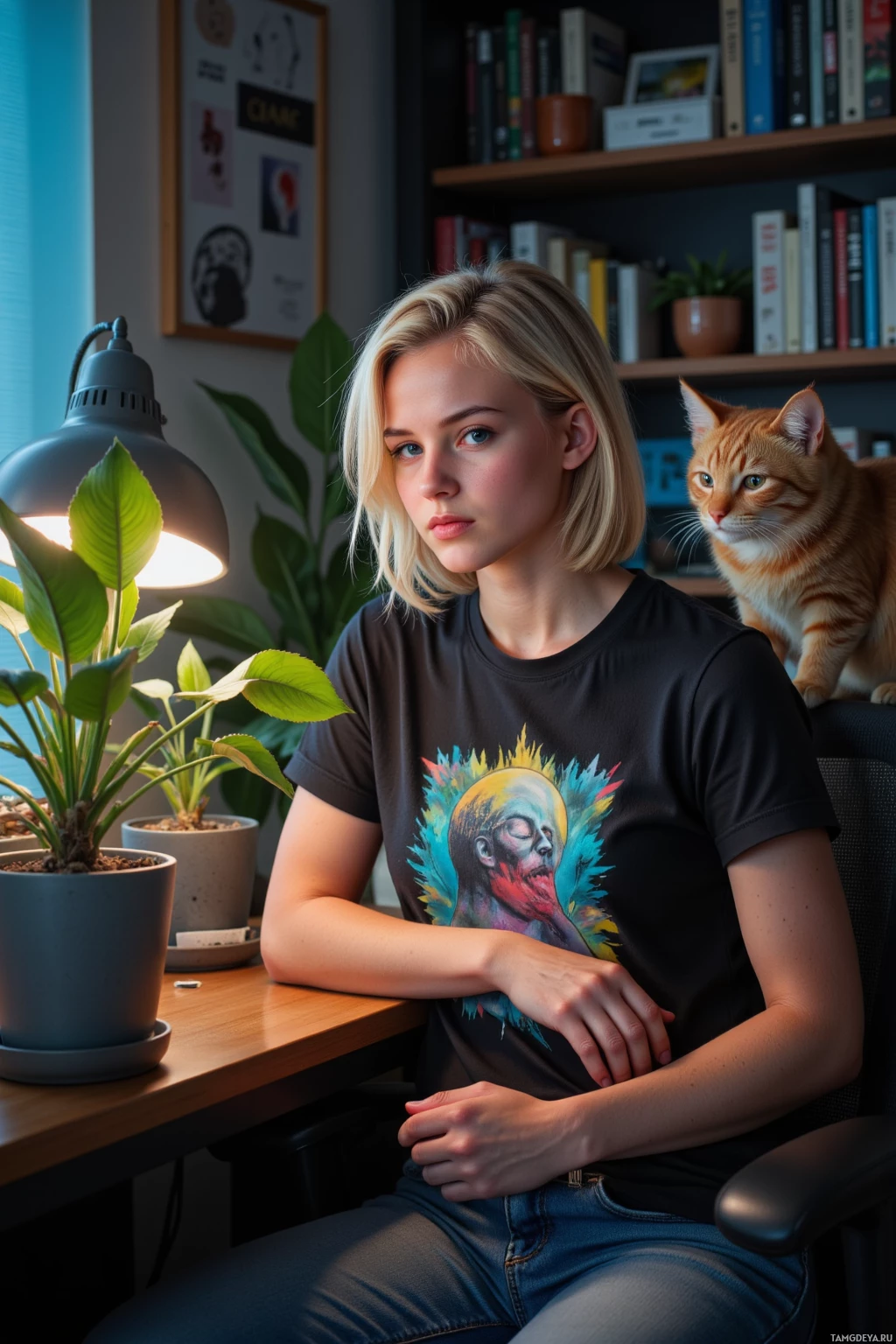 Человек сидит за столом с котом, вокруг – растения и книги.