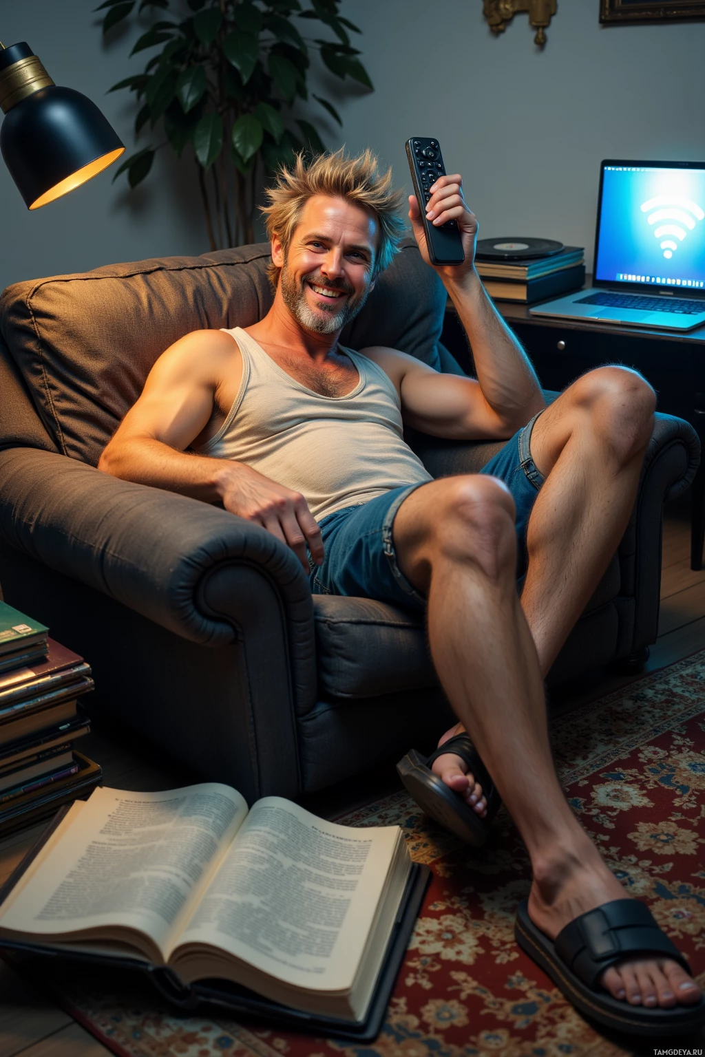 Мужчина развалился на диване, держа в руках пульт, рядом — раскрытая книга и ноутбук.