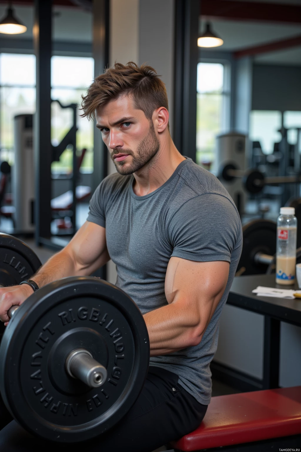 Мужчина занимается в тренажерном зале, поднимая штангу.