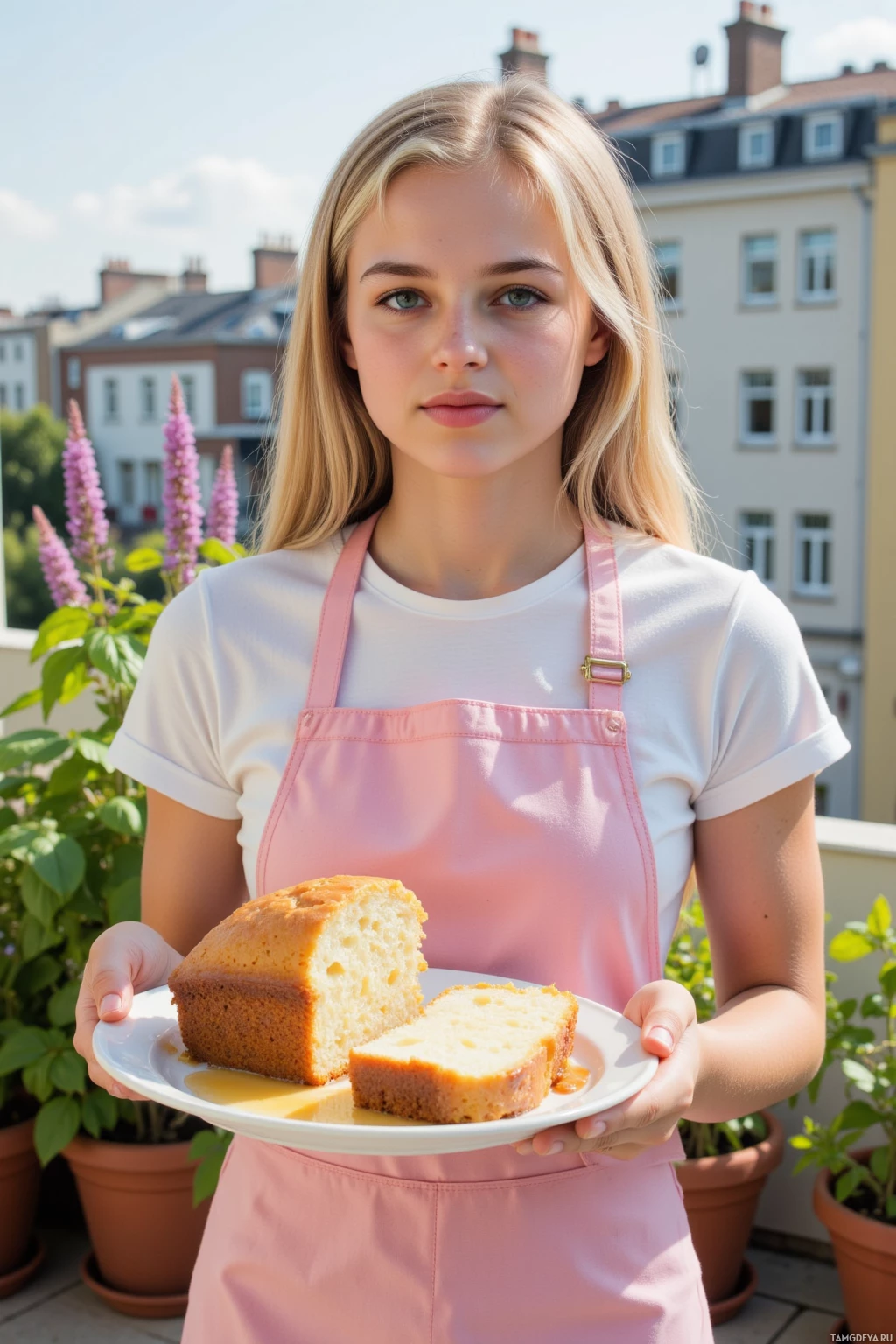 Человек в розовом фартуке держит тарелку с тортом и куском торта, на заднем плане видны здания и зелень.