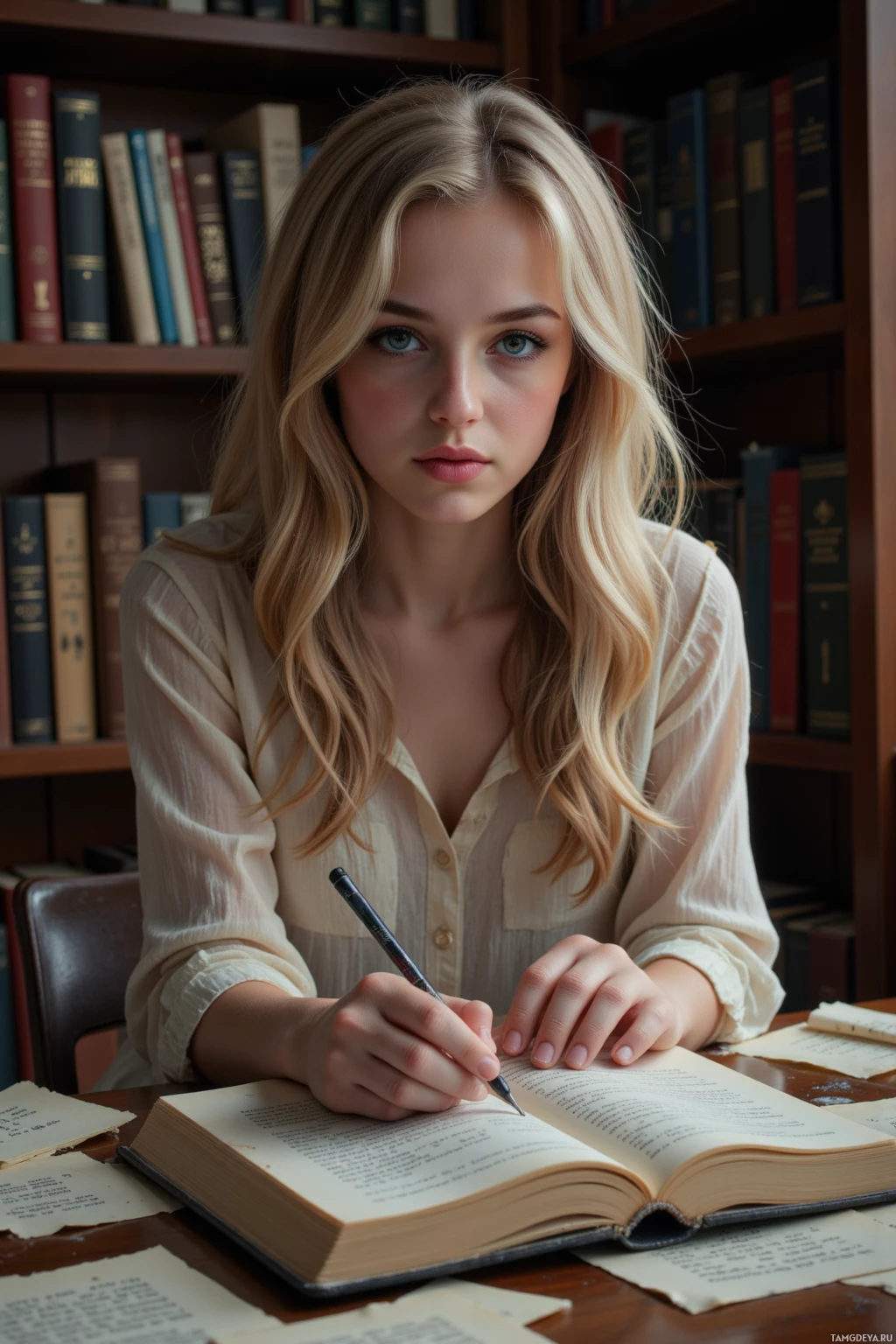 Молодая женщина сидит за столом в библиотеке и пишет ручкой в книге.