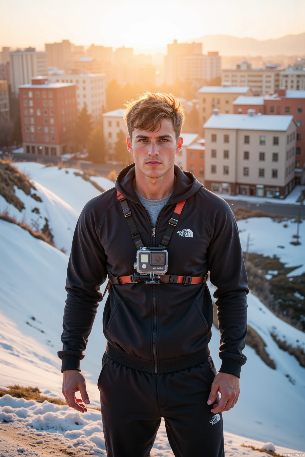 Человек стоит на улице, в зимней обстановке, одетый в чёрную куртку North Face и держащий в руках фотоаппарат.