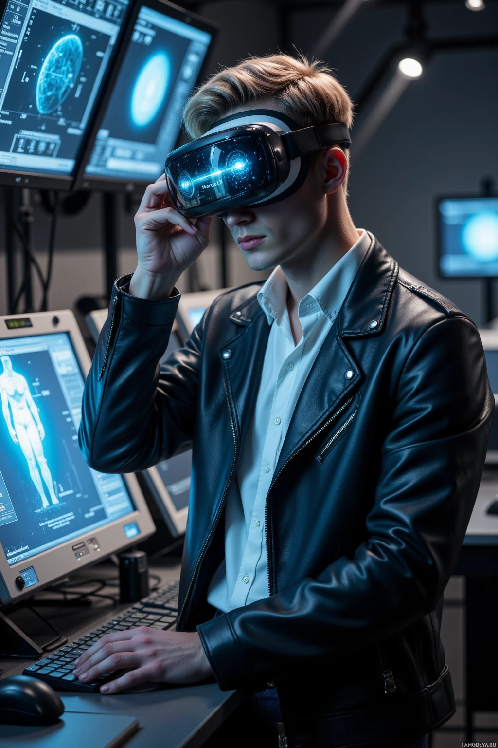 Человек в VR-шлеме и кожаной куртке работает с компьютером в современной, технологичной обстановке.