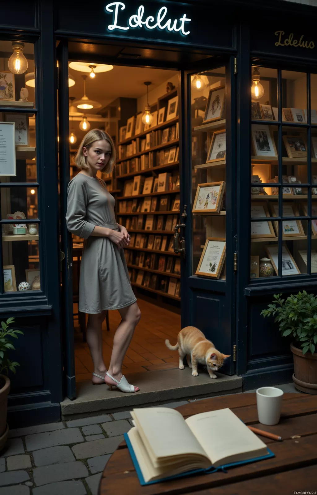 У двери уютного книжного магазина стоит женщина, а на столе перед ней сидит кошка и лежит раскрытая книга.