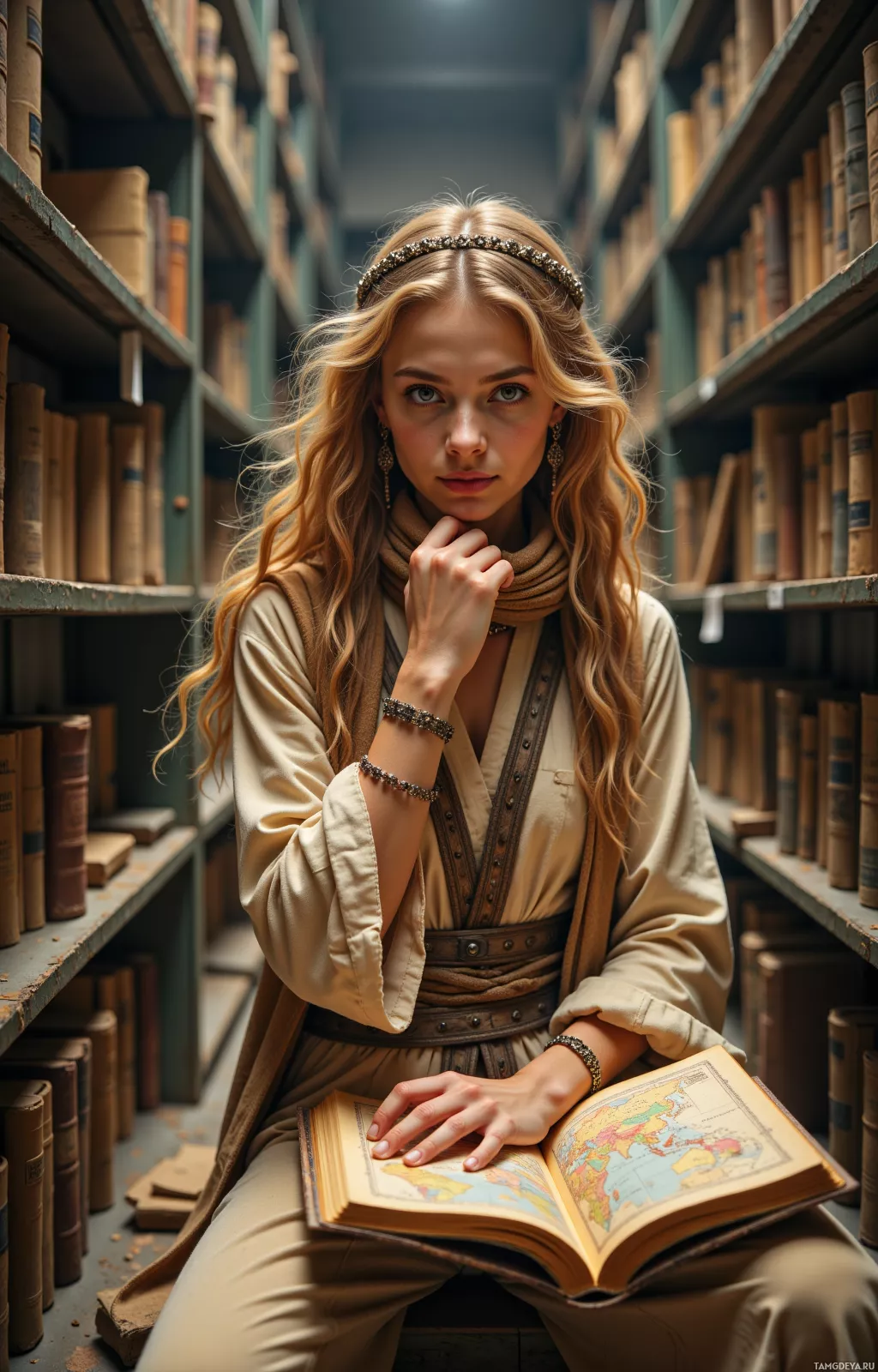Женщина в библиотеке держит в руках открытую книгу с картой.