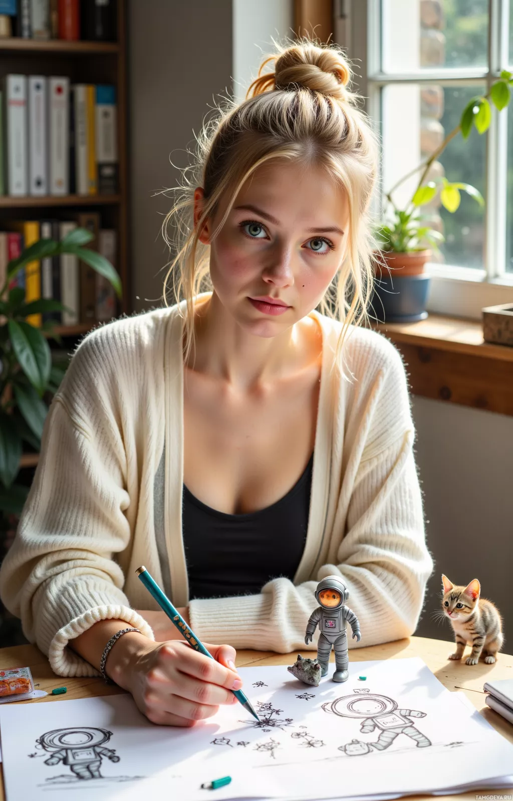 Человек рисует космический эскиз за столом.