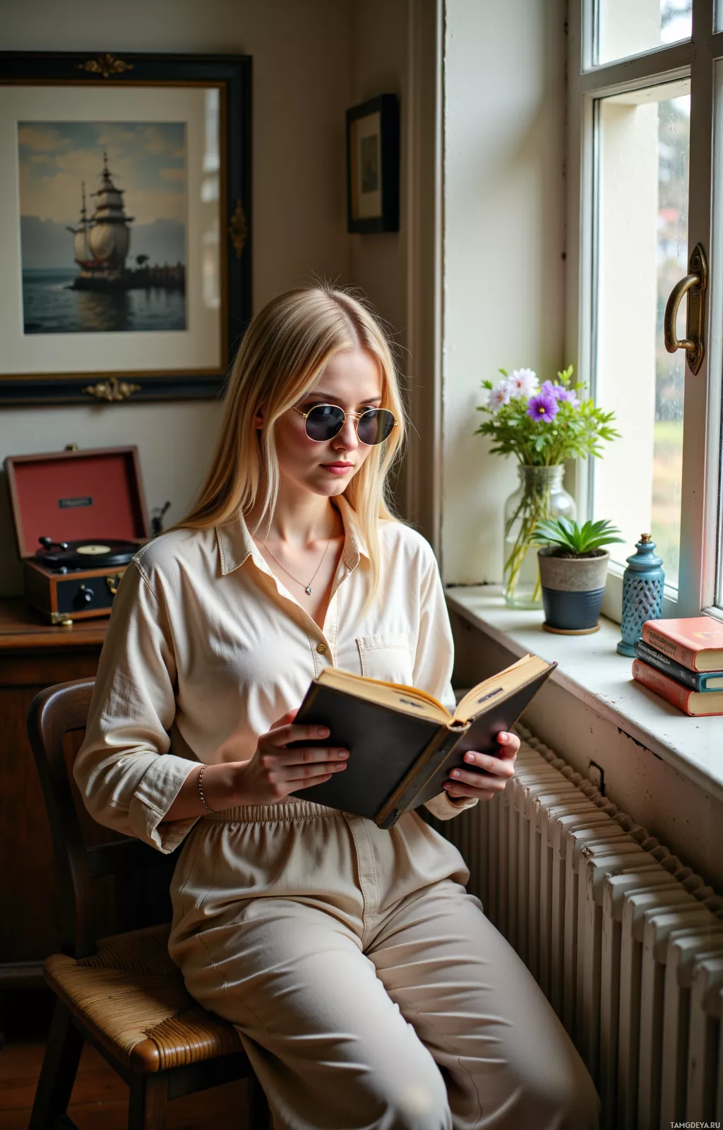 Женщина в бежевом наряде читает книгу у окна, рядом с которым стоят цветы в вазе и висят рамки с фотографиями.