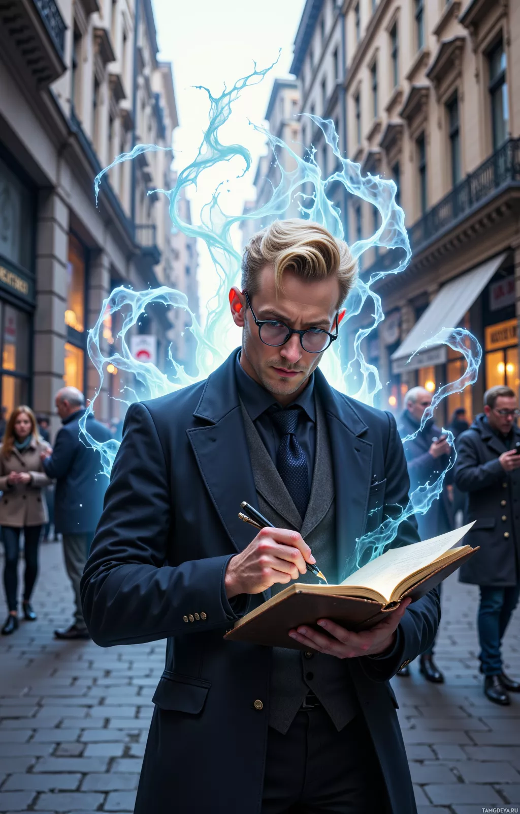 Мужчина в костюме пишет в книге, окутанный синим свечением.