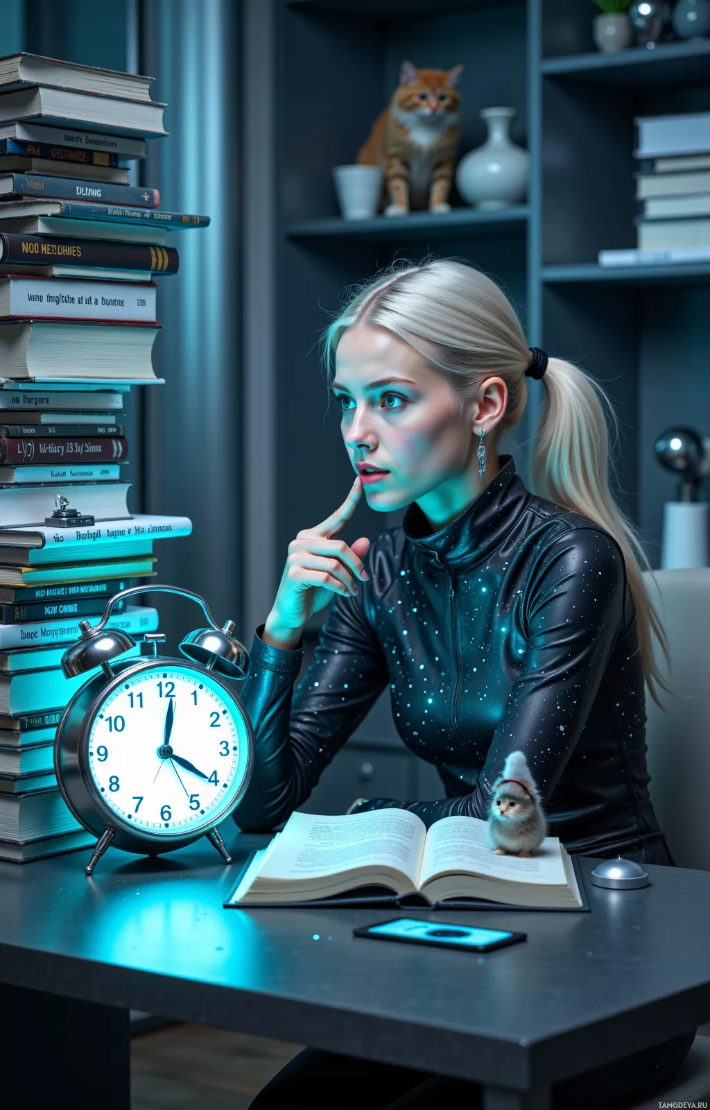 Женщина в кожаном наряде сидит за столом, на котором лежат книги, часы и небольшая статуэтка птички.