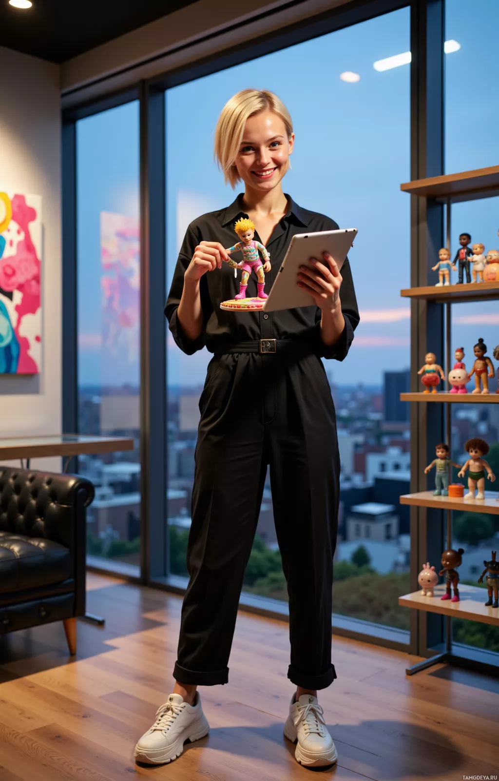 Realistic high quality photo. Woman, 26, short platinum blonde hair, piercing blue eyes, wearing a black jumpsuit and chunky sneakers, standing in a modern pop‑up shop interior with glass windows overlooking a city rooftop at dusk, holding a jagged toy figure with layered paint, reviewing it on a digital tablet, smiling with a playful, impatient expression, surrounded by shelves of art toys and contemporary furnishings.