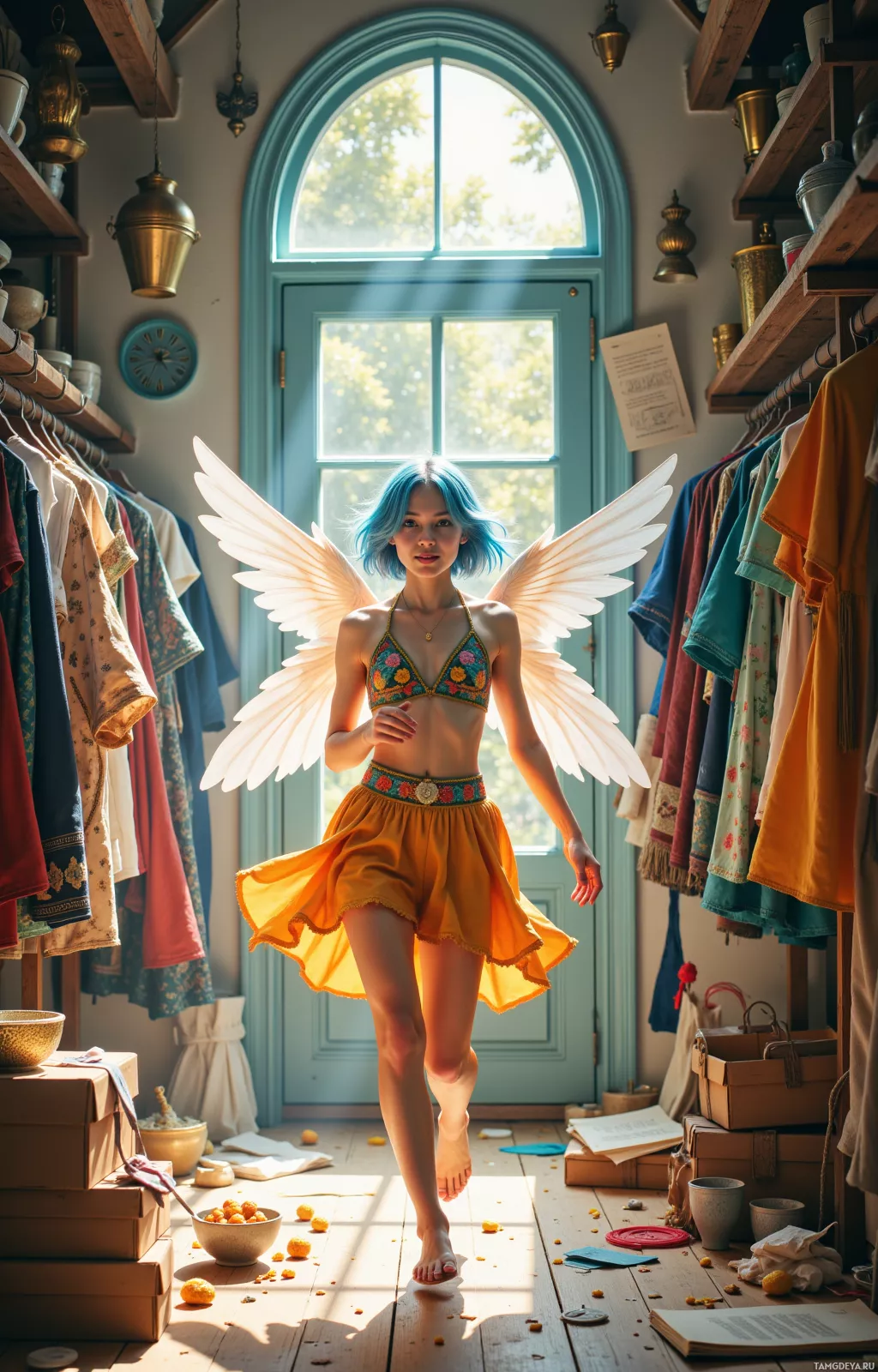 Realistic high quality photo. Cheerful 22‑year‑old woman with short pastel blue hair, bright blue eyes, wearing a flowing embroidered skirt, halter top, delicate translucent wings, running in a sunlit attic full of half‑stitched cloaks, rainbow ribbon, dragon scale motifs, parchment, glitter bowl, and a snack, mid‑chase and mid‑monologue about obscure fantasy lore.