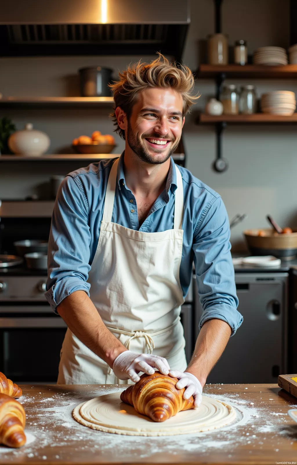 Realistic high quality photo. A 29‑year‑old man with messy blonde hair and warm brown eyes, wearing a white baker’s apron over a crisp blue shirt and dark jeans, flour‑covered hands laughing while kneading a croissant dough on a wooden counter inside a cozy, modern artisan bakery kitchen with small ovens and a whisk resting on the countertop, watching fellow bakers gasp as they taste his flaky treat.