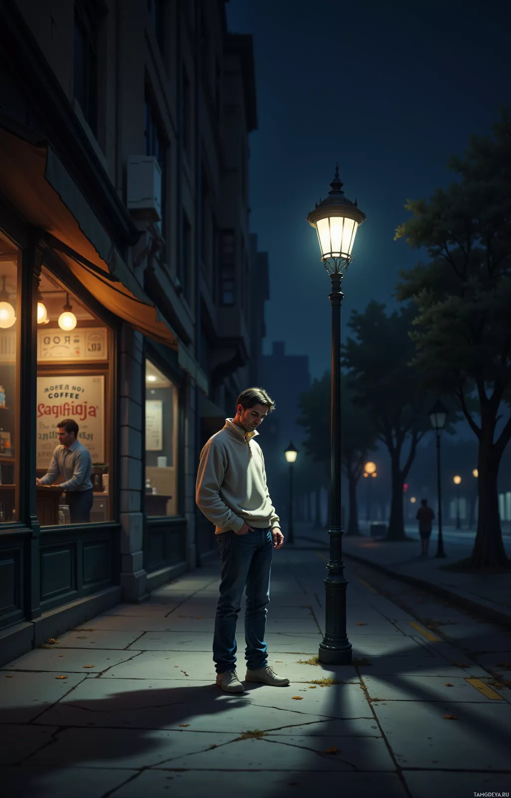 Realistic high quality photo. A 35‑year‑old man with dark hair, blue eyes, pale skin, wearing a simple sweater and jeans, stands on a dimly lit city street at night, half‑smiling as he traces geometric patterns in the shadows cast by streetlamps, with a quiet coffee shop barista in the background and the glow of a single streetlight illuminating his contemplative expression.