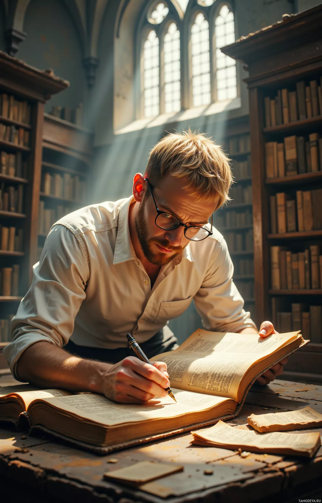 В библиотеке мужчина читает и что-то записывает в старинной книге.