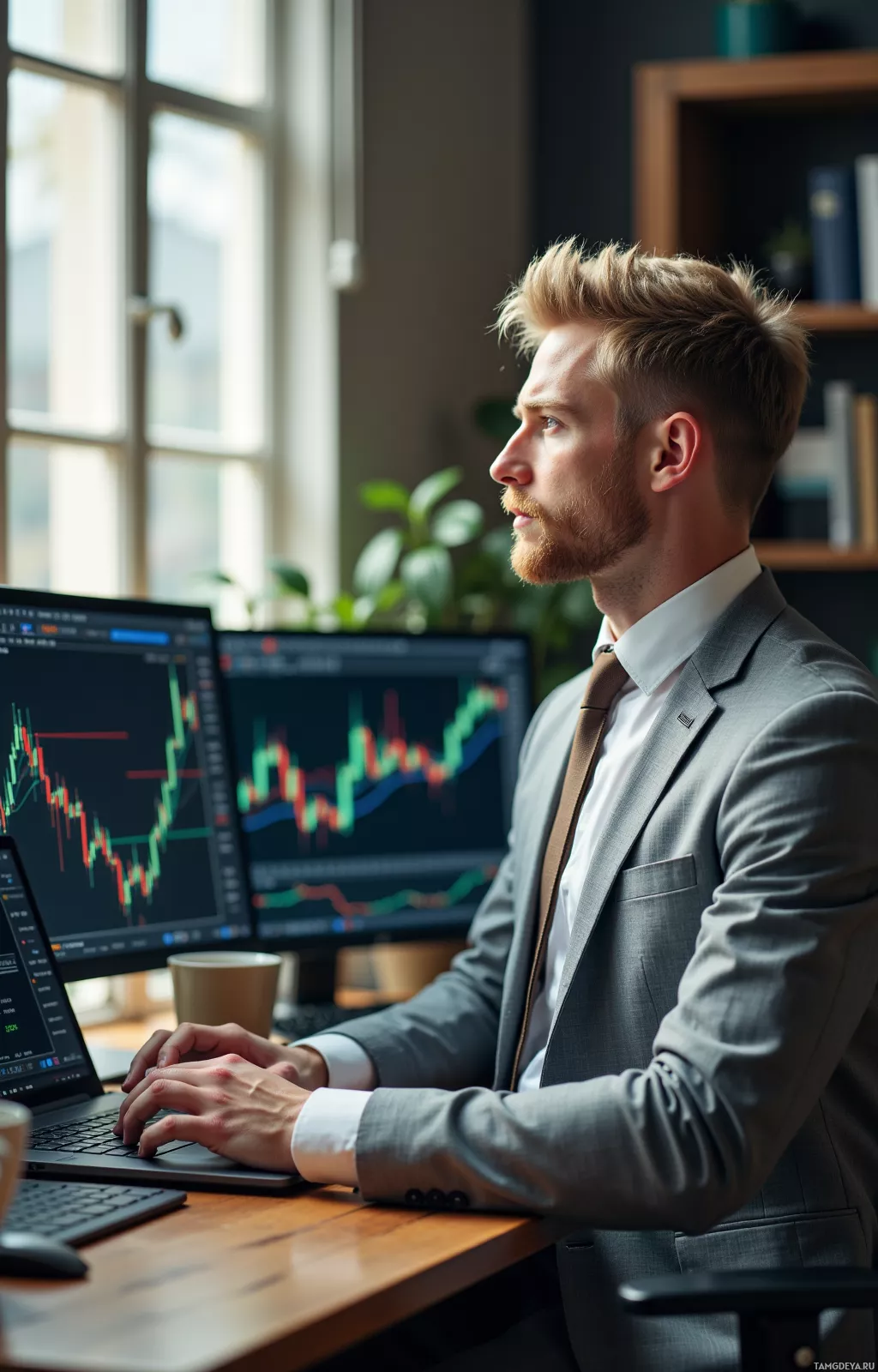 Realistic high quality photo. A 35‑year‑old man with short blonde hair, blue eyes, fair skin, wearing a light gray suit, white dress shirt and dark brown tie, sits at a modern office desk late afternoon, multiple laptop screens flickering with Bitcoin candlestick charts, his hands poised over the keyboard, focused and methodical, with natural light streaming from a window, a coffee mug and a potted plant beside him.
