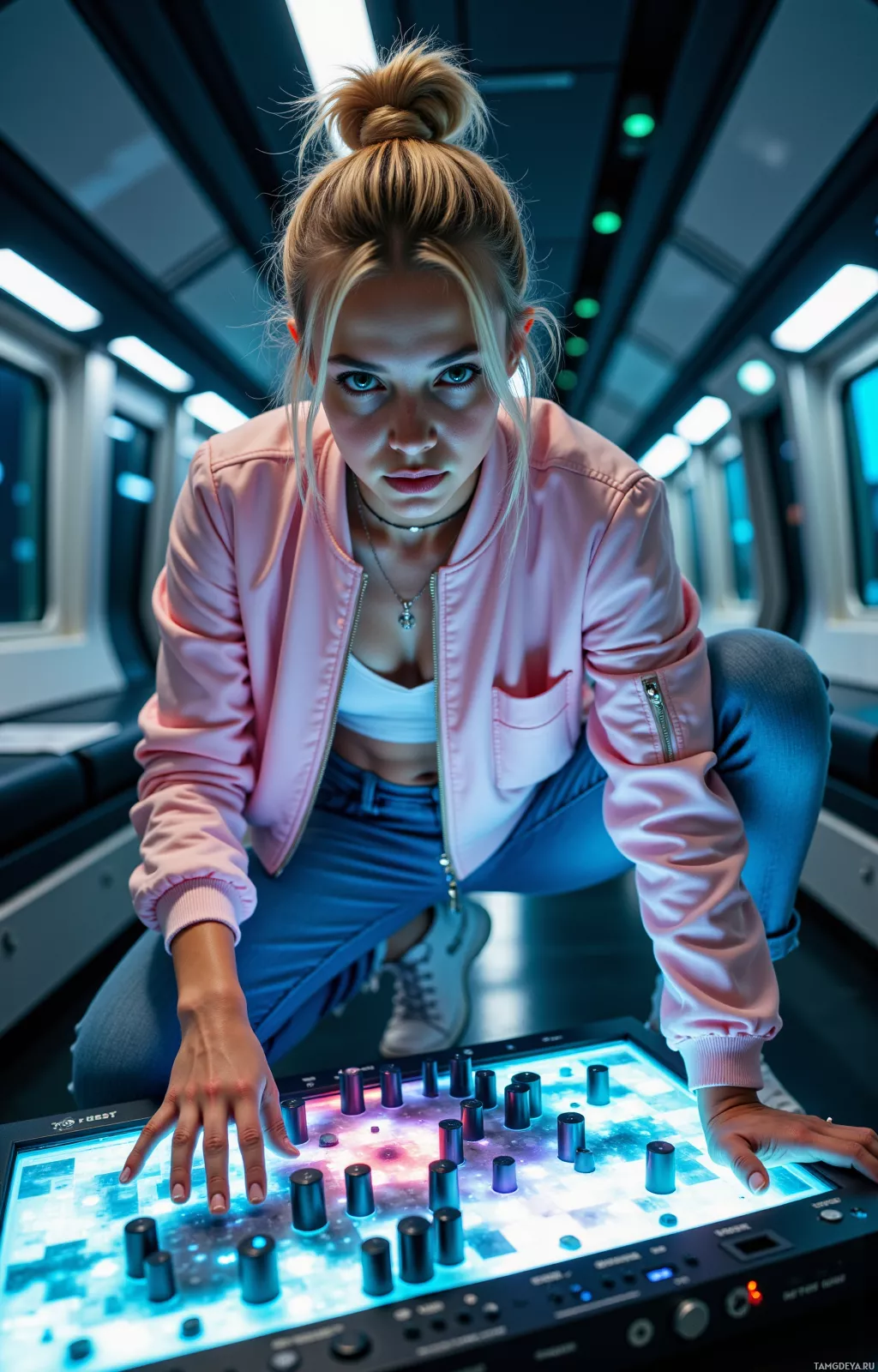 Realistic high quality photo. woman, 26, blonde messy bun, blue‑green eyes, pink bomber jacket, blue jeans, white sneakers, leaning over a holographic synth console in a dimly lit starship corridor at midnight, surrounded by floating spectral tones and glitchy light effects, expression intense and focused.