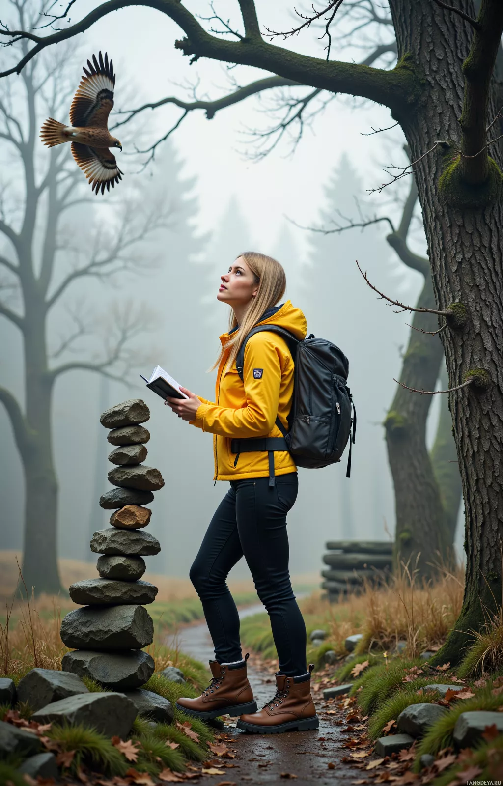 Realistic high quality photo. A 29‑year‑old woman with long straight blonde hair and clear blue eyes, wearing a bright yellow hiking jacket, fitted black pants, and rugged hiking boots, stands on a misty forgotten trail behind an old mill, holding a notebook like a compass, gazing upward at a lone hawk circling above while a nearby oak displays subtle bark patterns, early morning light filtering through the mist as she plans to place the next cairn.
