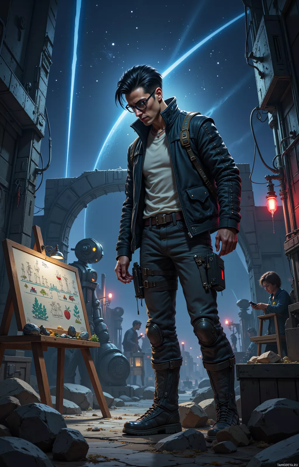 Realistic high quality photo. Male, 28, sleek black hair, sharp blue eyes, pale skin, wearing a futuristic jacket with metallic accents and rectangular glasses, standing on a makeshift launchpad of recycled alloy and a rogue toaster beacon at midnight, with a chalkboard of orbital bridge schematics beside a humming snack robot, surrounded by a chaotic crew in a high‑tech workshop, stars streaking overhead.