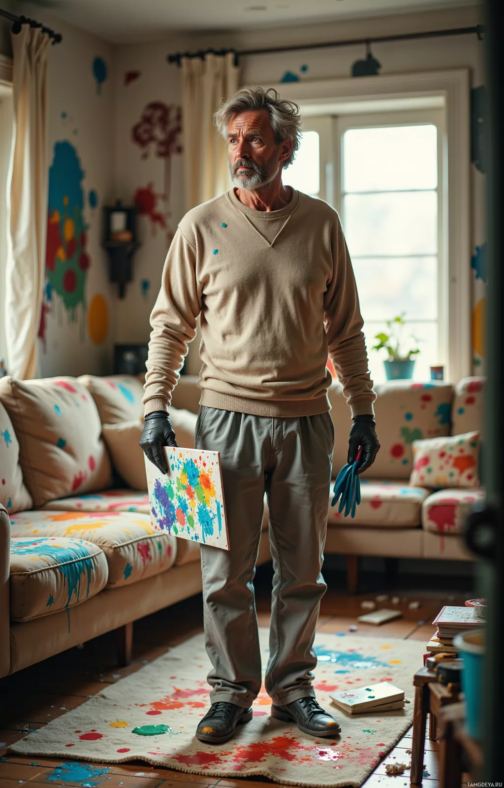 Realistic high quality photo. A 50‑year‑old man with salt‑and‑pepper hair styled messily, warm blue eyes, fair slightly tanned skin, wearing a beige sweater and light‑grey pants, standing in a paint‑splattered living room with a stained sofa and clean rug, holding a colorful drawing from his child and a pair of gardening gloves, looking thoughtfully at the chaos.