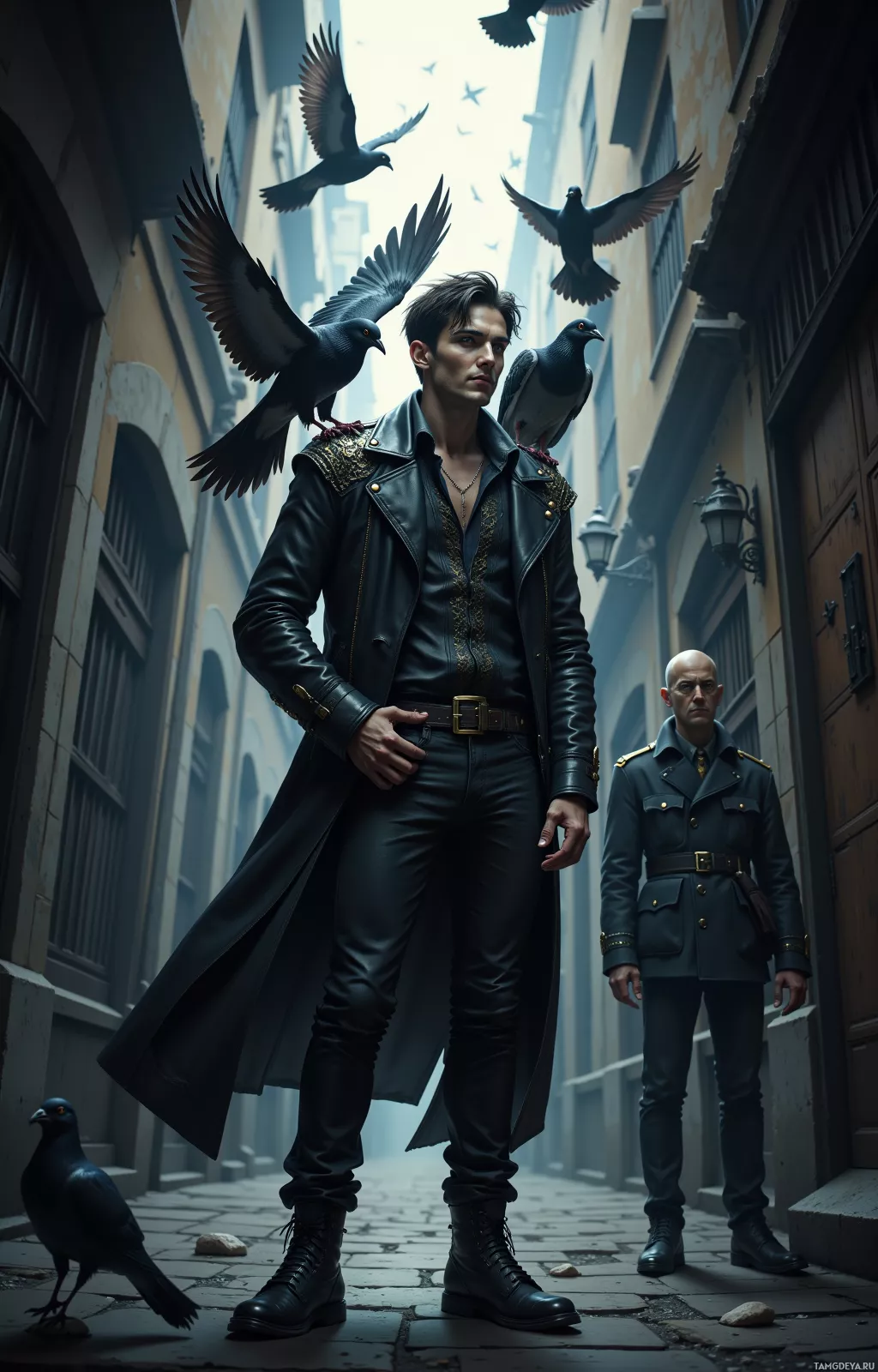 Realistic high quality photo. Male, 30, short dark hair with subtle feather accents, sharp blue eyes, fair skin, black leather jacket with raven motif, black jeans, heavy boots, standing in a dimly lit alley at afternoon, coaxing pigeons perched on his shoulder while a watchman in the background looks confused, starlings dive through the shadowed alley behind him, he smiles at the chaos.