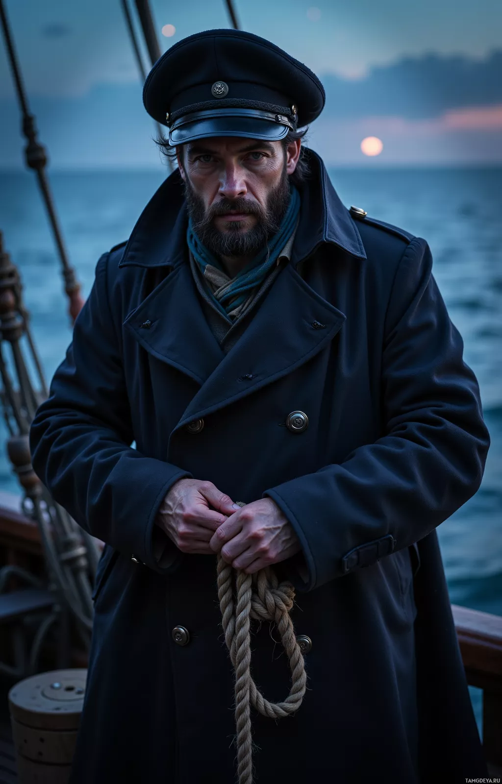 Realistic high quality photo. A 35‑year‑old sea captain with tousled dark hair, bushy beard, deep brown eyes, wearing a heavy navy coat and a worn captain’s hat, stands on a wooden deck at dawn tightening a sturdy rope knot as the horizon glows slate blue and a few bright stars appear above a calm sea.