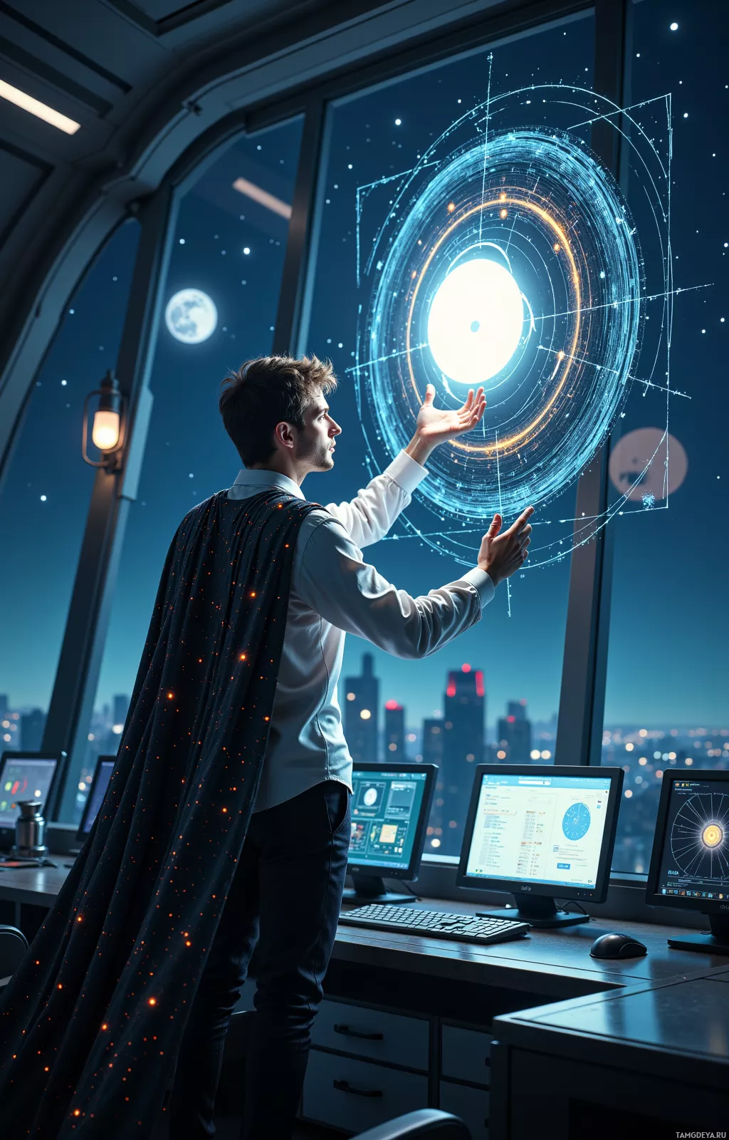 Realistic high quality photo. A tall, 34‑year‑old man with light brown hair, blue eyes, pale complexion, wearing a flowing starlit cape, white shirt, and dark pants, stands in a sleek, futuristic observatory control room at night, meticulously aligning holographic data overlays of an exoplanet transit with a hand‑drawn map of a star’s corona on a transparent display, his posture methodical and contemplative, surrounded by a quiet cosmic glow.
