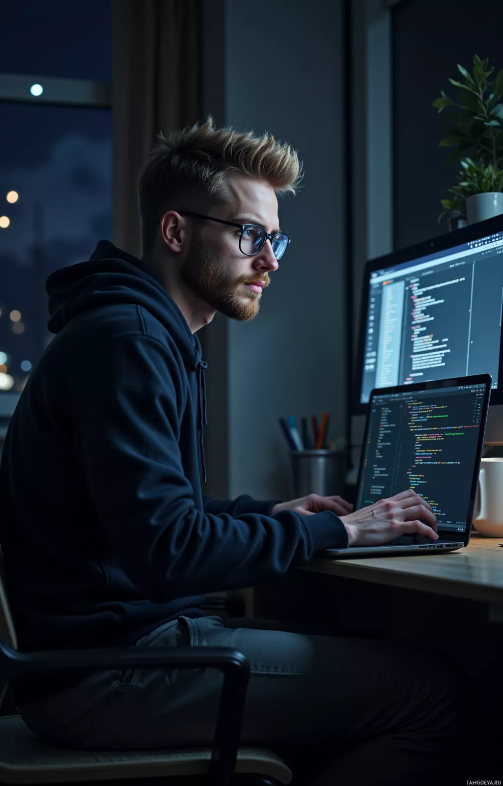 Realistic high quality photo. Male coder, 26, spiky blonde hair, blue eyes behind thick‑framed glasses, wearing a dark hoodie and slim‑fit gray trousers, sits late at night in a dimly lit home office, laptop screen glowing with code and a highlighted stray semicolon, calm focused expression, a coffee mug beside him, with the night sky visible through the window.
