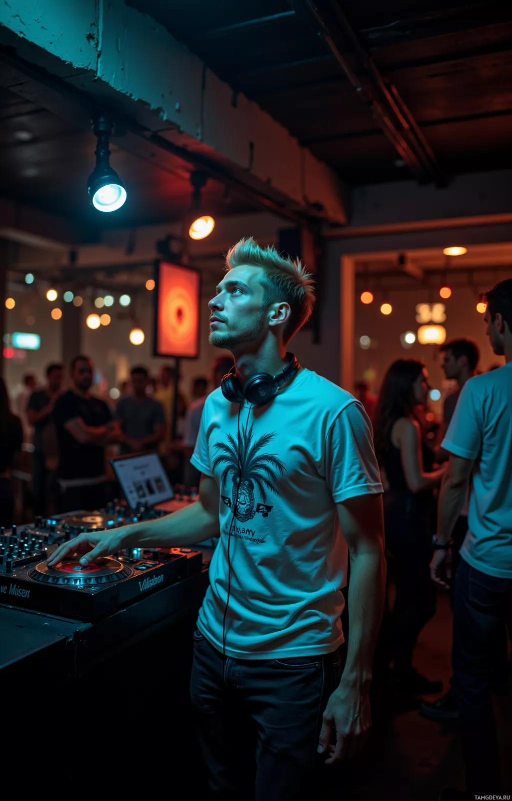 Realistic high quality photo. A 26‑year‑old man with spiky blonde hair, blue eyes, pale skin, wearing a white graphic tee and black jeans, stands in a dim underground club at dusk, headphones on, head tilted toward a wall streaked with static, a vinyl record in hand, while 128‑BPM rhythm pulses across the floor like low‑frequency waves against a backdrop of city lights.