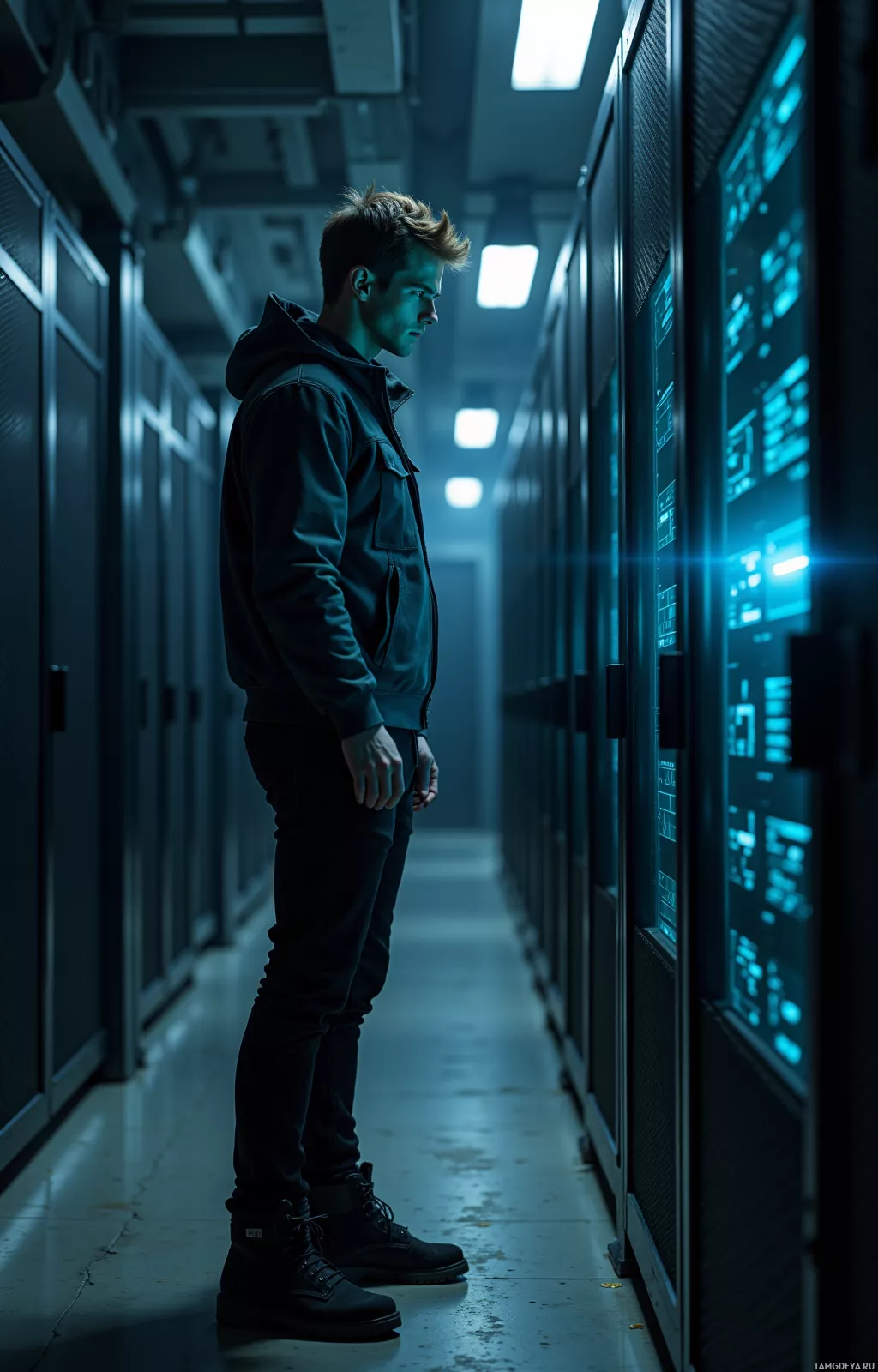 Realistic high quality photo. A calm, calculated 25‑year‑old man with light brown hair and sharp blue eyes, wearing a dark hooded techwear jacket, black slim jeans, and lightweight tactical boots, standing in a dimly lit server room at night, staring at a flickering holographic interface as a phantom packet drifts across it, with faint 2037 data echoes glowing in the background.