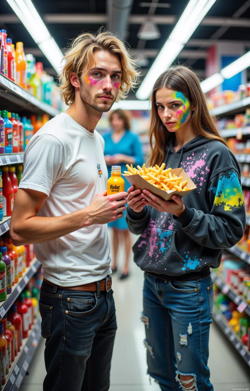 Realistic high quality photo. A 21‑year‑old man with messy blonde hair, sparkling blue eyes, wearing a white t‑shirt and black jeans, stands in a brightly lit corner store aisle holding a bottle of neon gel paint while his friend holds rainbow‑colored fries, with a puzzled cashier in the background.